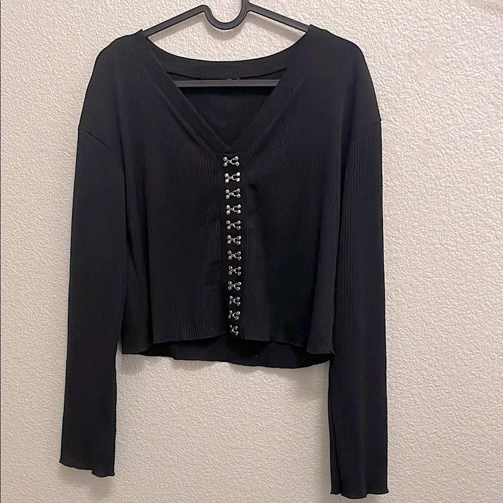 Black Long Sleeve Loose Fitting Crop Blouse